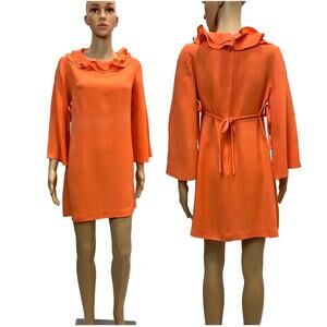 60s Orange Babydoll Mini Dress with Ruffle Collar & Bell Sleeves | S